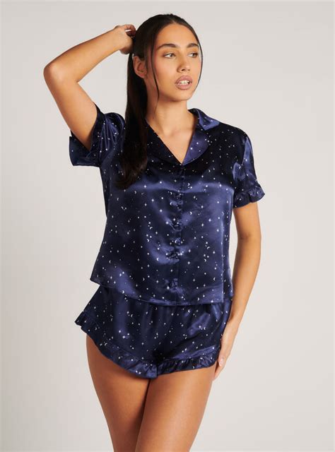 Star And Moon Print Satin Short Pyjama Set Navy Boux Avenue Uk