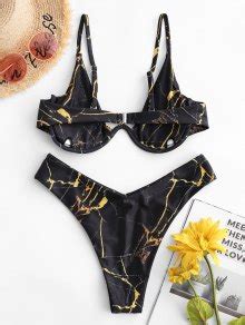 Off Zaful Marble Print Underwire High Cut Bikini Swimsuit In Black Zaful