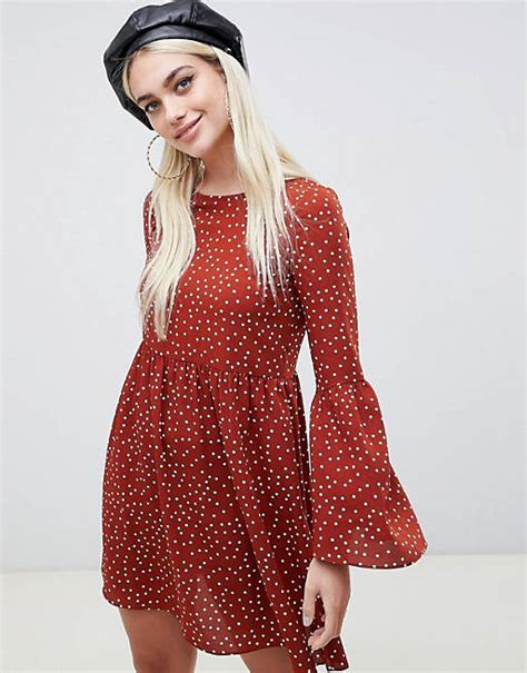 Asos Design Fluted Sleeve Smock Mini Dress In Polka Dot Asos