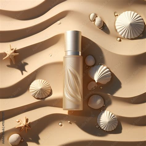 Luxury Cosmetic Glass Bottle Mockup In Nude Color On Bad Beach Background With Shell Sunlight