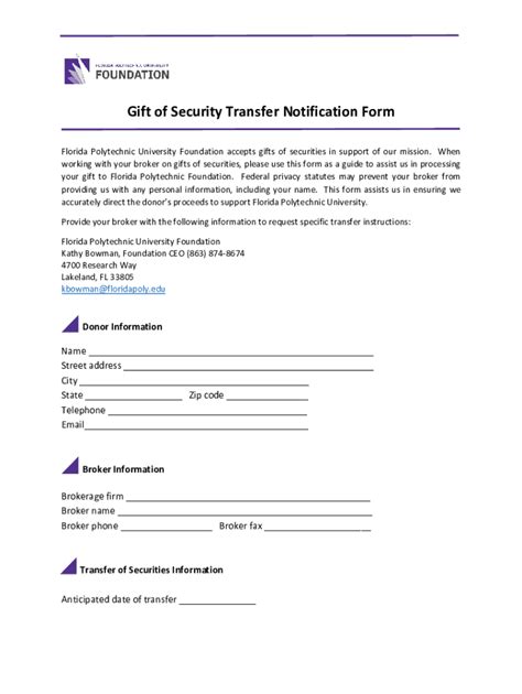 Fillable Online Gift Of Security Transfer Notification Form Fax Email