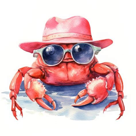 Premium Ai Image Watercolor Illustration Of A Red Crab Wearing A Hat