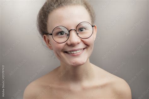 Pleasant Nude Woman Wearing Round Glasses Isolated Grey Background Isolated White Background