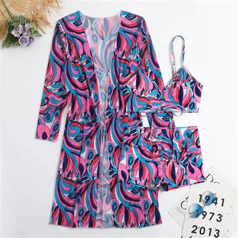 Maillot de Bain 3 pièces pour Femme Bikini à Fleurs Tropicales avec Cache Maillot Jaune fleur de