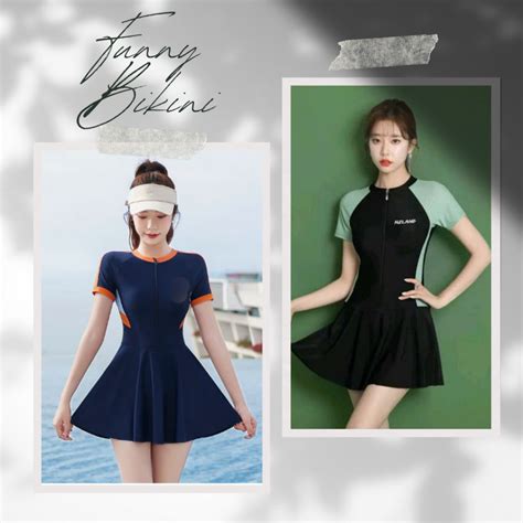 Bikini Đồ bơi nữ đi biển kín đáo tay ngắn khóa kéo phối váy FUNNY BIKINI MS Shopee Việt Nam