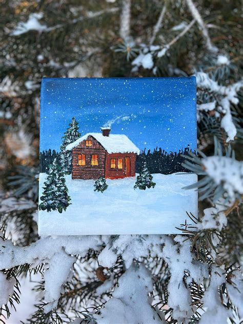 Snowy Cabin Art Snow Painting Snowy Landscape Artwork - Etsy