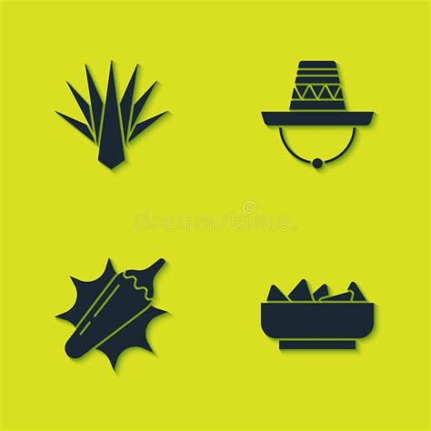 Set Agave Nachos In Bowl Hot Chili Pepper Pod And Mexican Sombrero Icon Vector Stock Vector