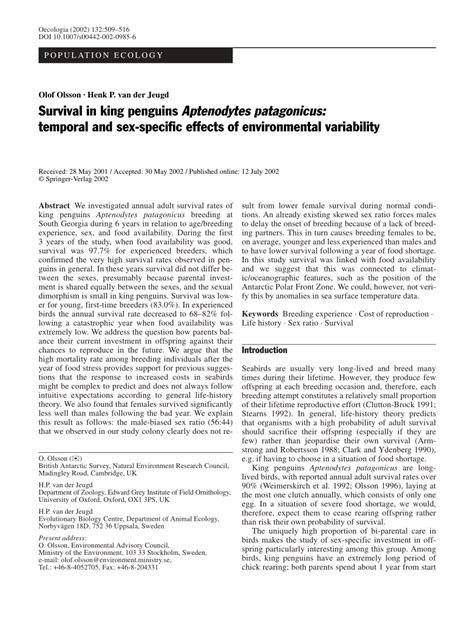 Pdf Survival In King Penguins Aptenodytes Patagonicus Temporal And