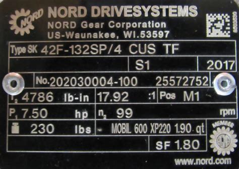NEW NORD SK42F-132SP/4 CUS TF GEARMOTOR 17.92:1 265/460V 7.5HP - SB ...