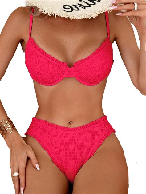 Bikini Sets For Women Plain Swimsuit Spaghetti Strap Hot Pink L