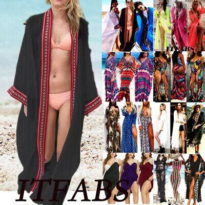 Women Sheer Mesh Kimono Cardigan Bikini Cover Up Beach Swimwear Maxi Long Dress
