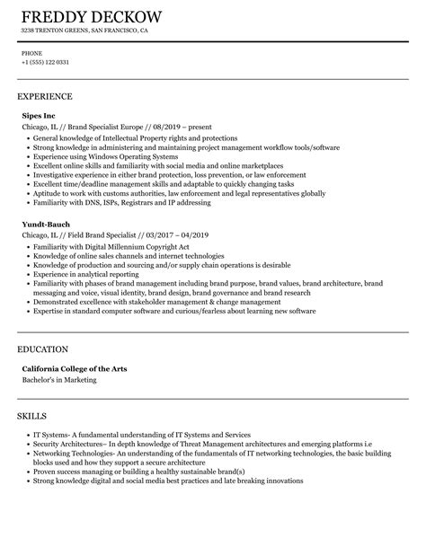 Brand Specialist Resume Samples Velvet Jobs