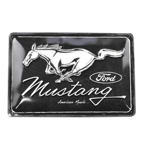 Cartel De Hojalata Ford Mustang Caballo Logo Negro 20 X 30 Cm