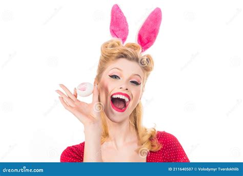 Easter Funny Bunny Beautiful Blonde Girl With Bunny Ears And Egg Isolated White Background