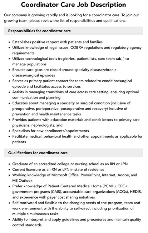 Coordinator Care Job Description Velvet Jobs