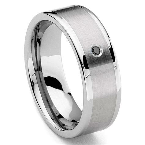 Tungsten Carbide 8mm Flat Black Diamond Mens Wedding Band Ring W