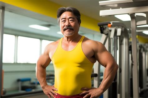 Premium AI Image Mature Asian Gym Trainer In Yellow Tank Top With Excited Expression