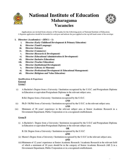 National Institute of Education: Maharagama Vacancies | PDF | Academic