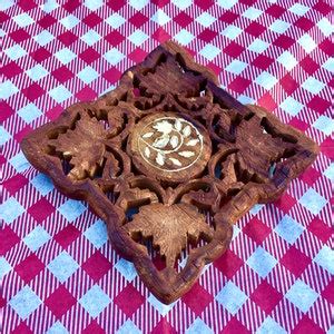 Boho Wooden Trivet Hot Plate With Color Inlay And Ball Feet Carved Filigree Scrolls Leaves