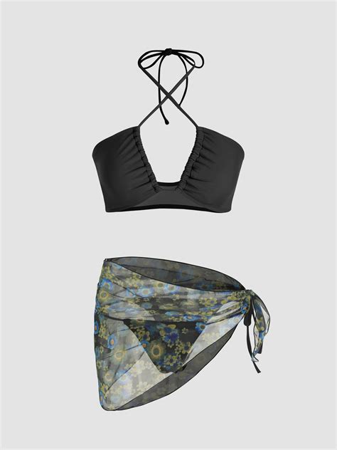Mesh Knit Fabric Cut Out Halter Bikini With Floral Sarong For Vacation