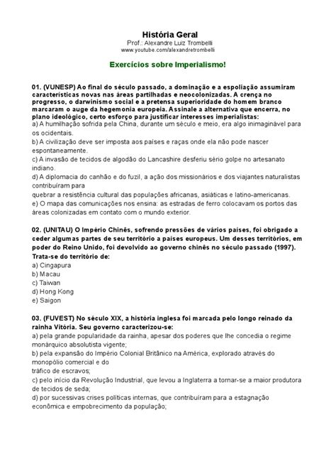 Exercícios Sobre Imperialismo 8 Ano Com Gabarito - Exercícios sobre Imperialismo para 8º e 9º Ano | PDF | Imperialismo | China