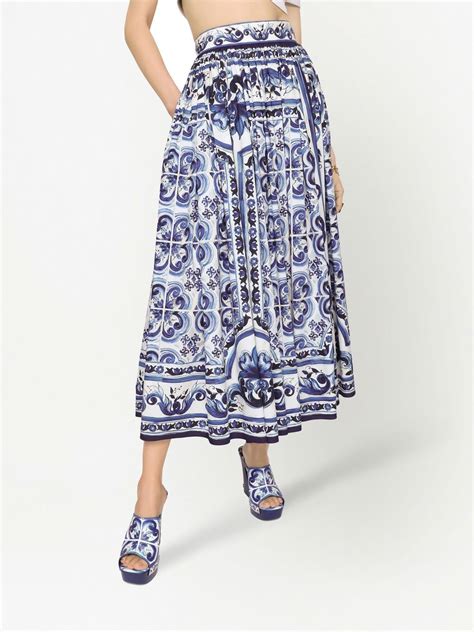 Dolce And Gabbana Majolica Print Pleated Maxi Skirt Blue Farfetch