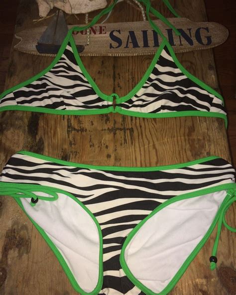 String A B Halter S Zebra Black White Neon Green Sexy Bikini L EBay