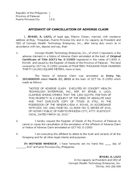Affidavit Of Cancellation Of Adverse Claim Pdf Affidavit Civil