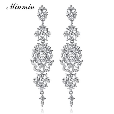 Rscvonm Silver Color Leave Crystal Wedding Long Earrings Floral Shape