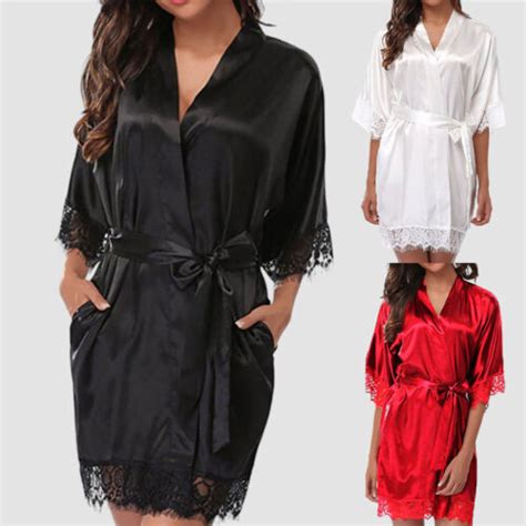 Womens Sexy Satin Slik Lingerie Nightdress Gown Lace Kimono Nightwear Dress Robe EBay