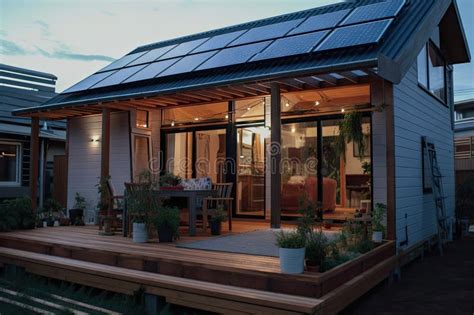 Solar Powered House With Panels On The Roof And Led Lighting Inside