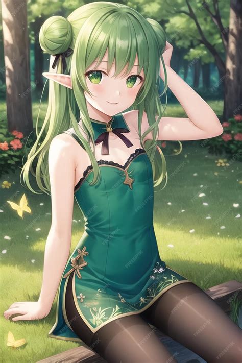 Premium Ai Image Anime Girl In Green Dress Sitting In The Forest