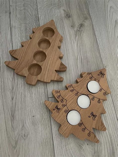 Wooden Engraved Christmas Tree Tealight Holder Handmade Etsy Uk