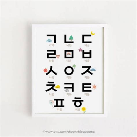 Printable Korean Alphabet Poster Hangul Study Poster Korea T Wall