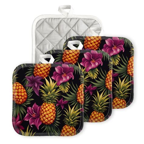 Bahomeck Pot Holder 4Pcs Pineapples On Black Background Square Heat Resistant Hot Pads For