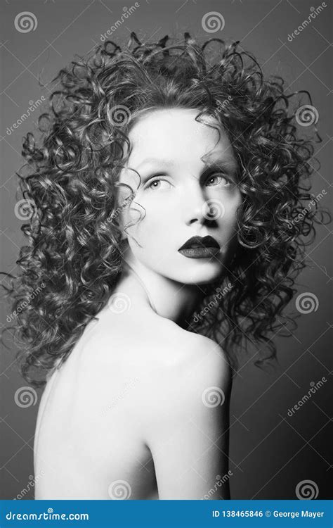 Beautiful Nude Woman With Curly Hair And Black Lips Stock Photo Image Of Hair Close
