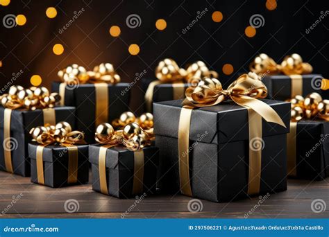 Black Gift Boxes With Gold Ribbon And Gold Decorations Stock