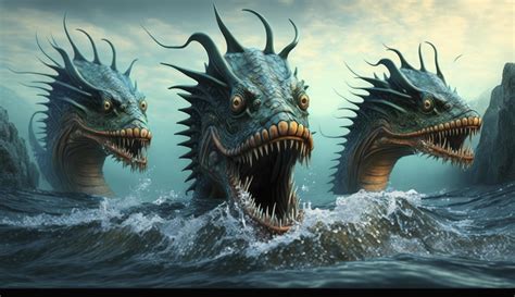 Three Head Sea Monster Fantasy 3d Illustration Digital Art Landscape Wallpaper Generate Ai