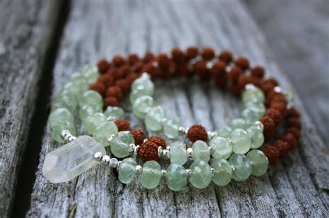 Prehnite Sacred Rudraksha Clear Quartz 108 Mala Necklace Etsy