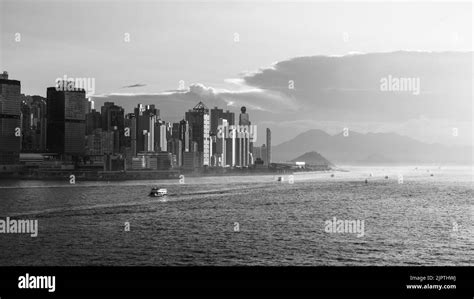 Hong Kong Island West Victoria Harbor Sunset View August 2022 Stock