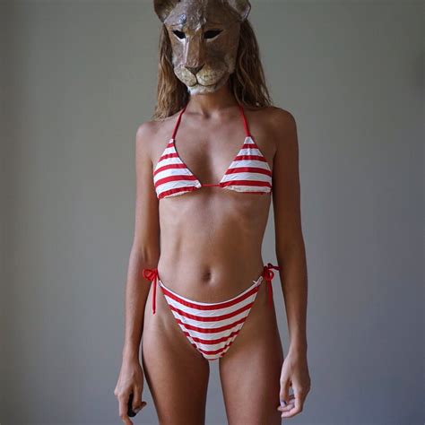 S Red White Striped High Cut Bikini Set Vintage Deadstock Sailor String Tie Triangle