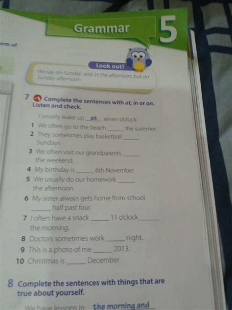 Complete the sentences with at,in or on. Liste and check - Brainly.ro