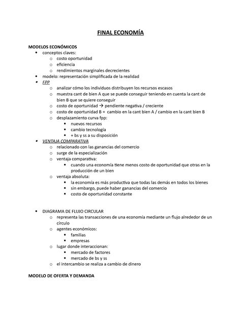 Final Economía FINAL ECONOMÍA MODELOS ECONÓMICOS conceptos claves o