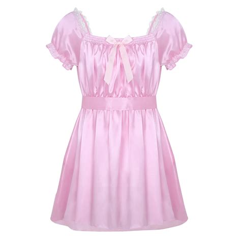 Mens Babydoll Dress Sexy Lingerie Sleepwear Short Sleeve Square Neckline Shiny Soft Satin