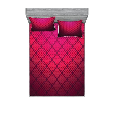 Ambesonne Geometric Fitted Sheet Pillow Sham Set Damask Vintage Design Queen Hot Pink