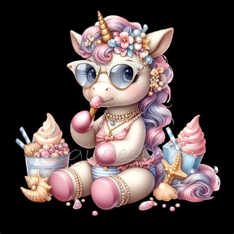Unicorn In Bikini Eating Ice Cream Digital Clipart PNG 15 Adorable Summer Themed Unicorn With