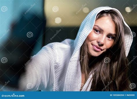 Woman In A Robe Taking A Selfie Of Herself Stock Photo Image Of Bath Brunette 105584204