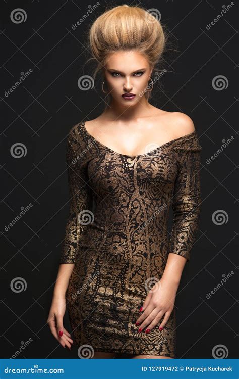 Sensual Blonde Woman Posing In Black Dress Stock Photo Image Of Attractive Dark