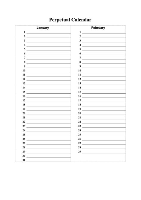 Perpetual Calendar Chart Template printable pdf download