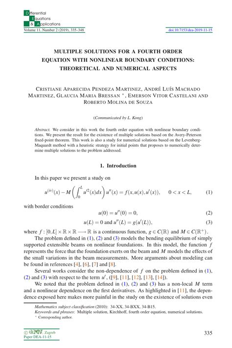 Pdf Multiple Solutions For A Fourth Order Equation With Nonlinear